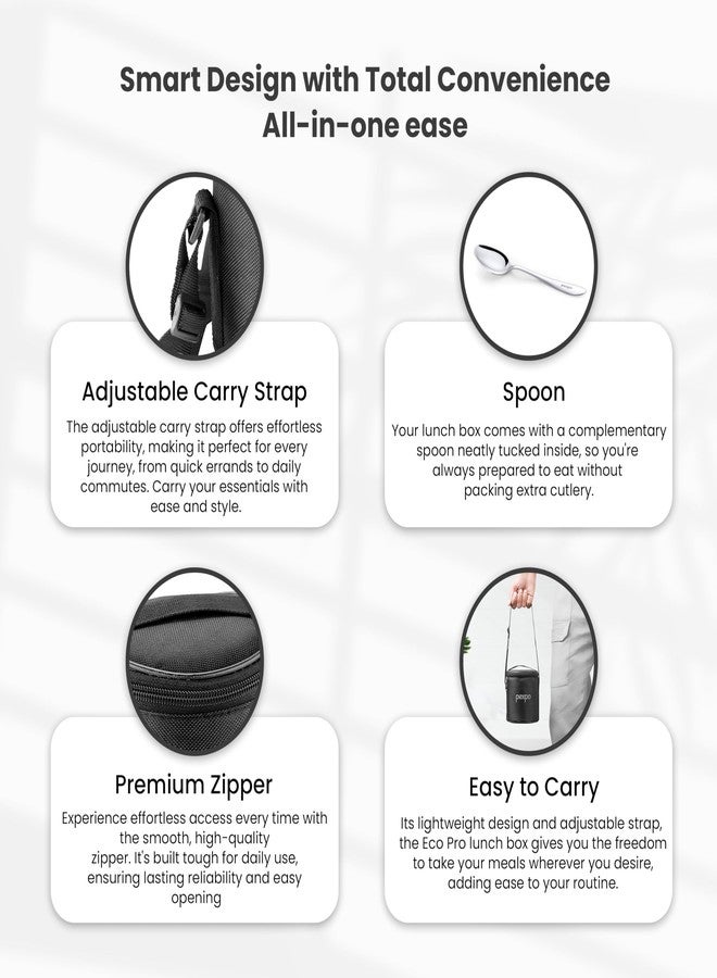 PEXPO Eco Pro-3 Stainless Steel Lunch Box for Men & Women, with 3 Air-Tight Containers (280ml Each), Spoon & Bag - Black | Easy to Carry & Durable Tiffin Box for Office, School, College - Image 4